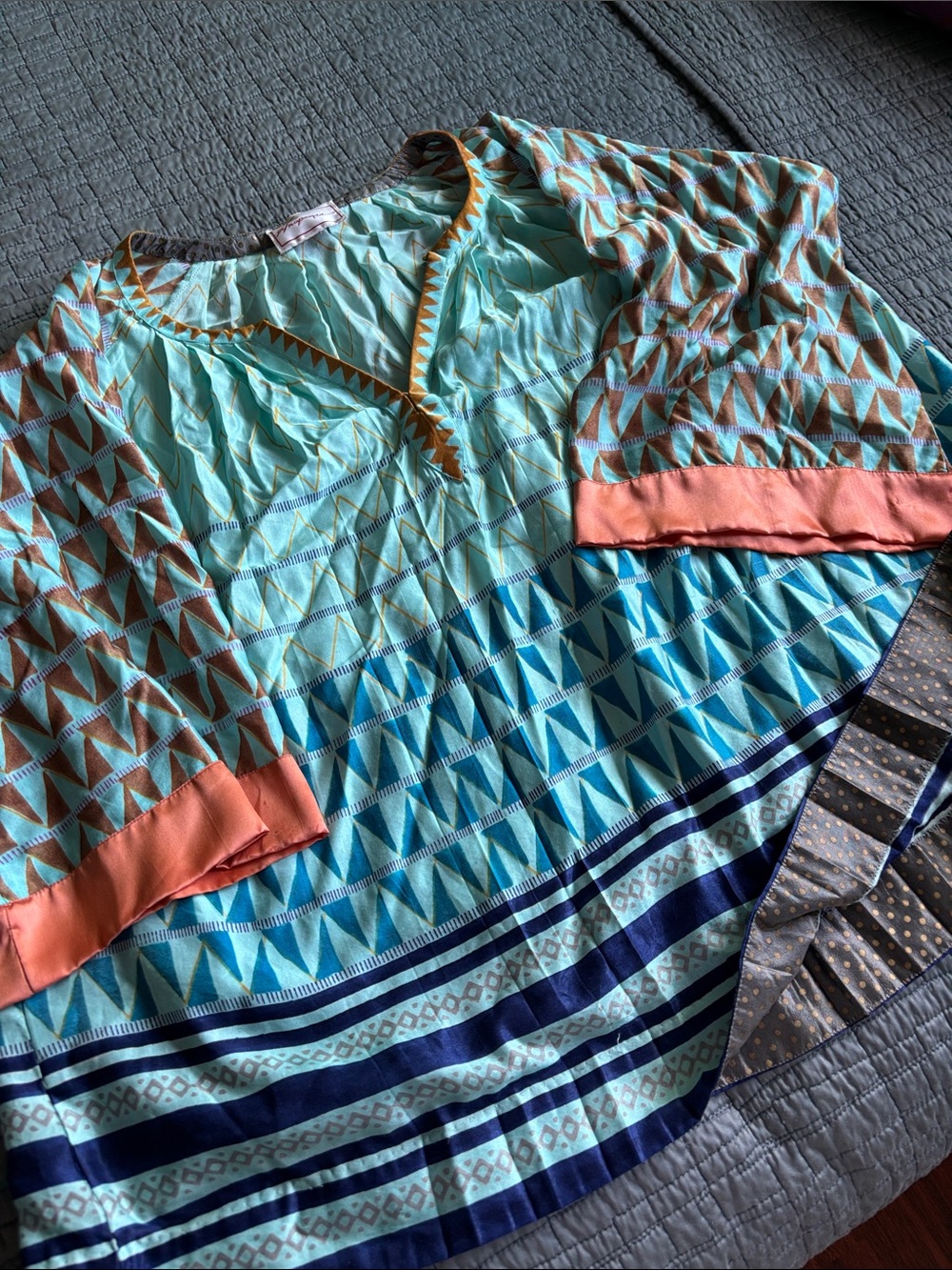 Silk & cotton Light Aqua Geometric Tunic blouse with Coral Trim size XL-2x NWOT